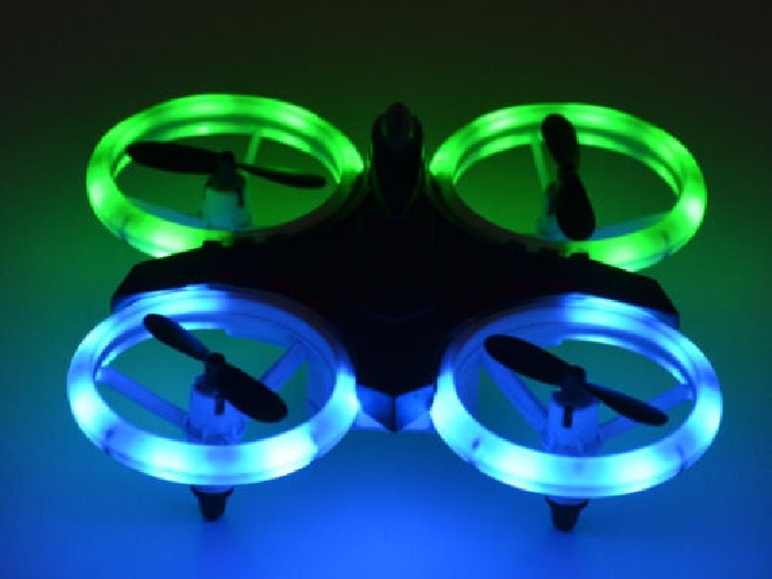 RC drone, remotely controlled, with LEDs